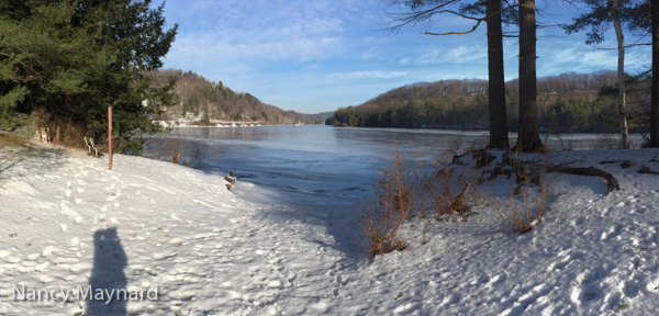 Looking north from the picnic area. The river is covered with ice, the snow melted. 